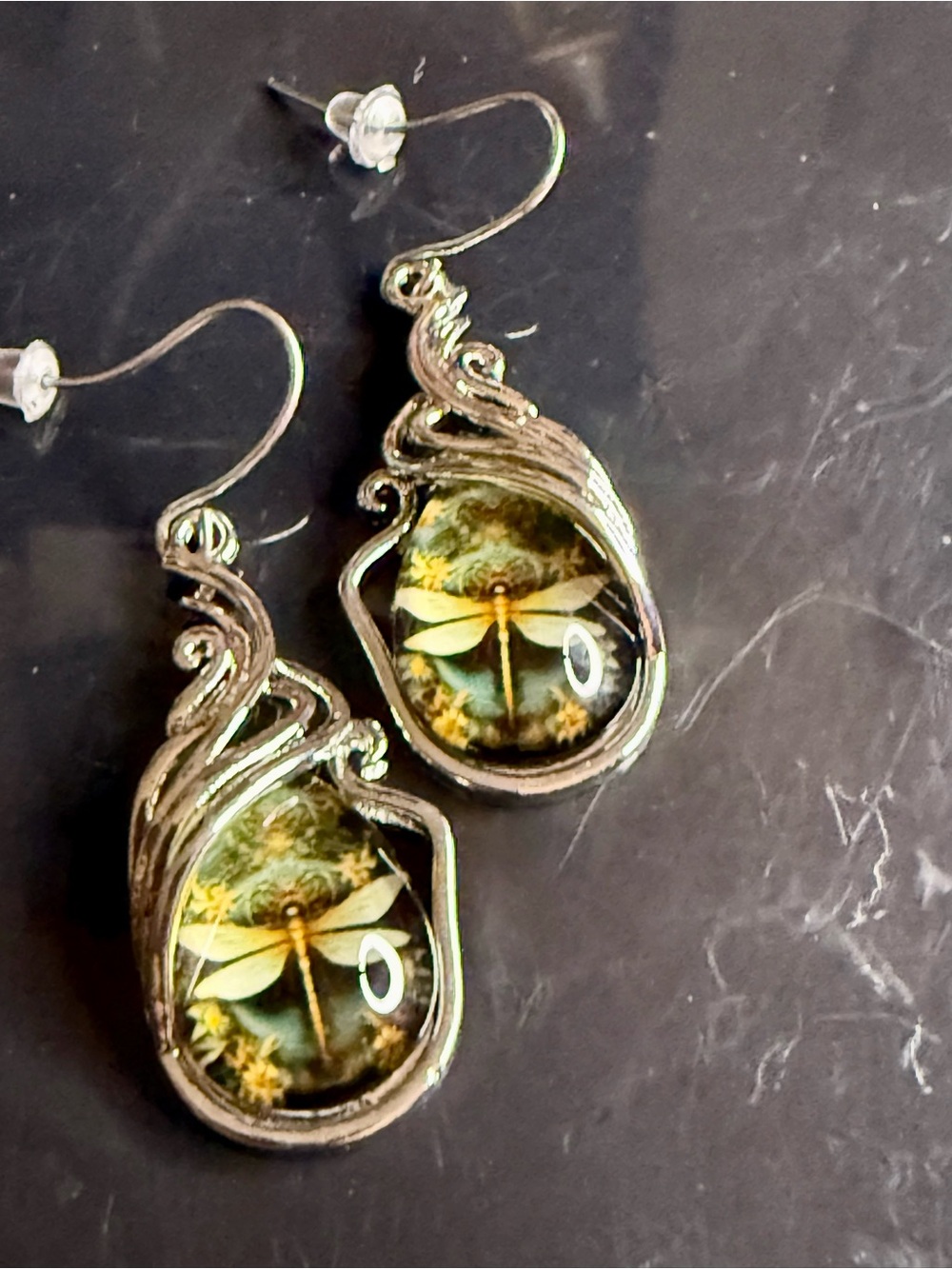 Dragonfly Glass Teardrop Earrings in Green and Gold